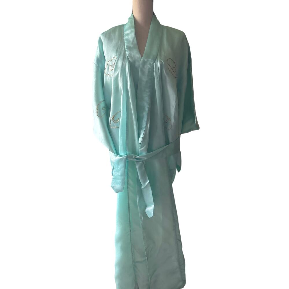 Vintage 1960s Satin Kimono Robe Heavily Embroidered Dragon Mint Green OS XS-L - Picture 3 of 5
